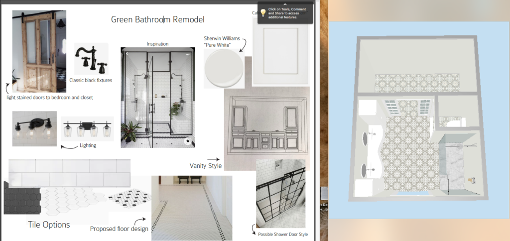 Design board and graphic image of the bathroom remodel before the project started. 