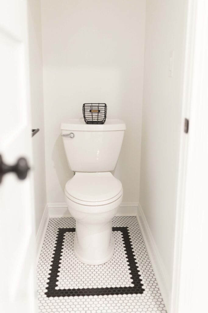 Toilet room with black and white penny tile