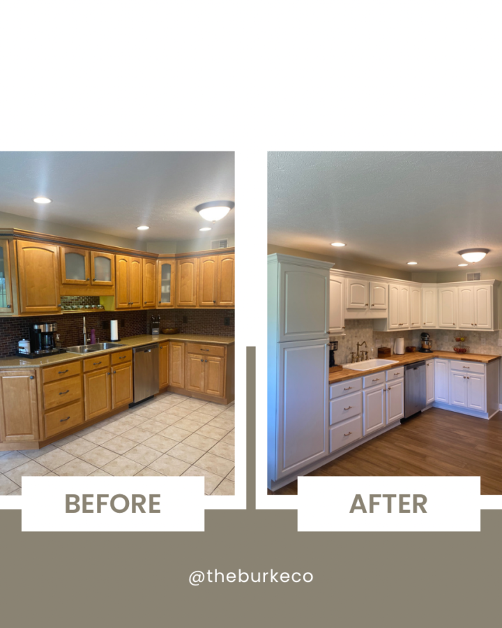 Before and after photo of a kitchen that had oak cabinets, and were painted white.